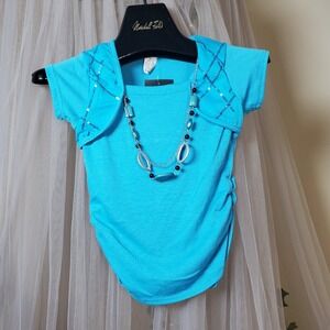 Almost Famous Girls Blue Embellished Top Short Sleeve 80s 90s Retro Size M 5-6